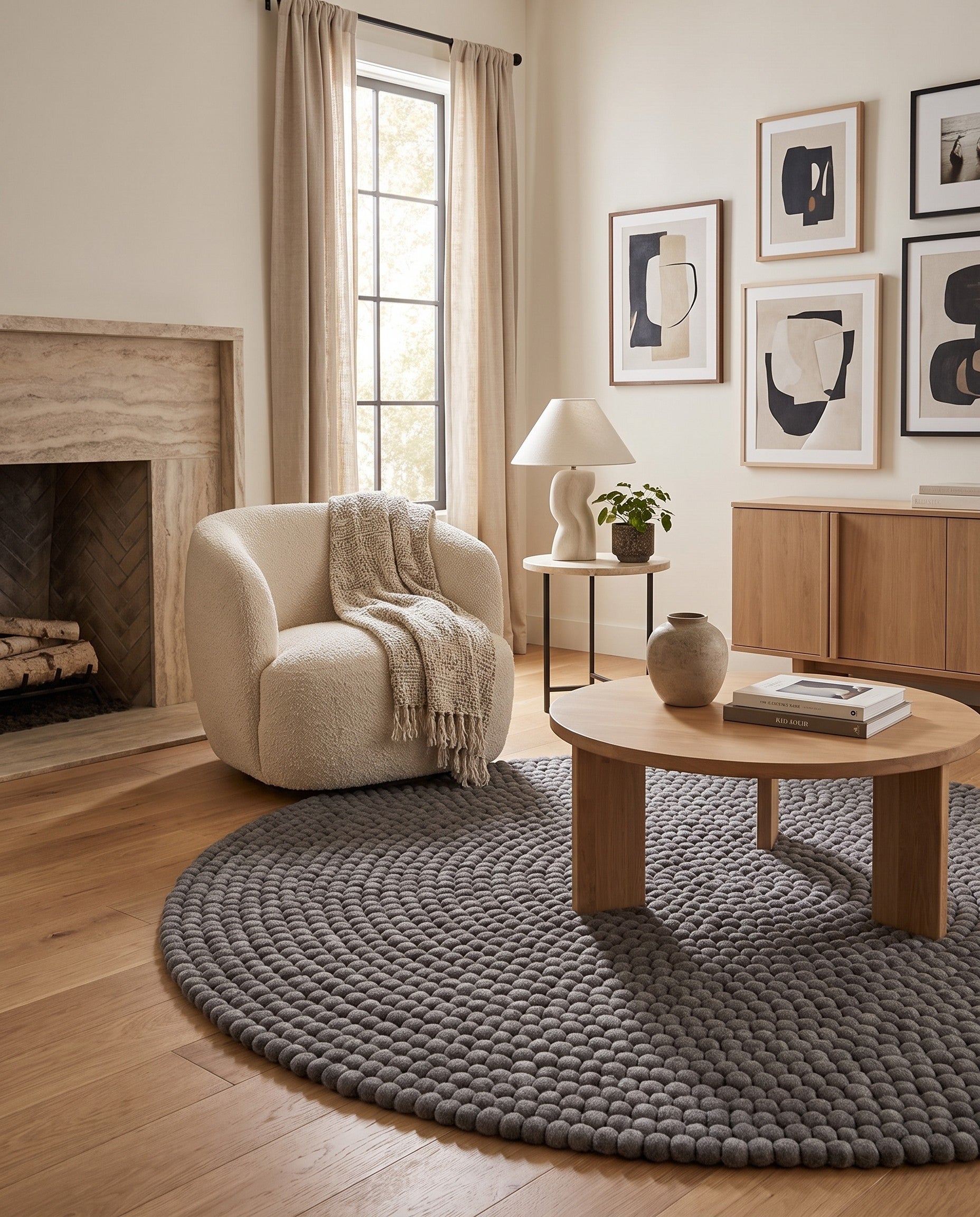 Gray Felt Ball Wool Round Rug