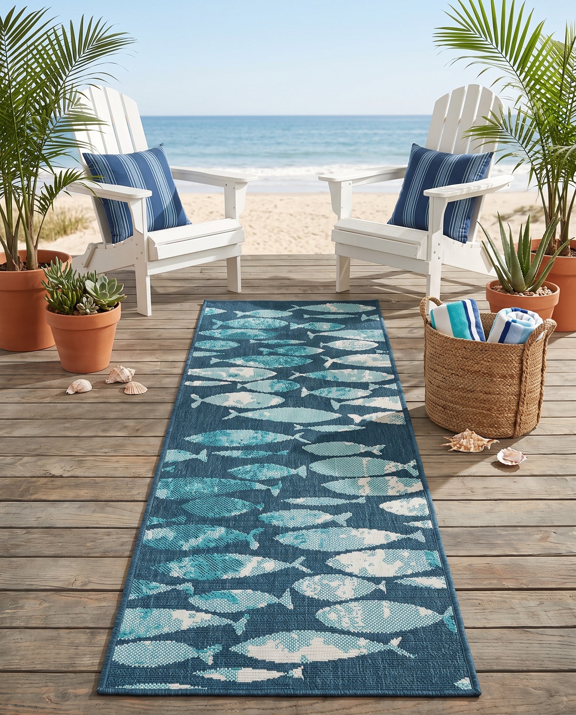 Blue Easy-Clean Coastal Indoor / Outdoor Runner Rug