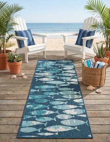 Blue Easy-Clean Coastal Indoor / Outdoor Runner Rug