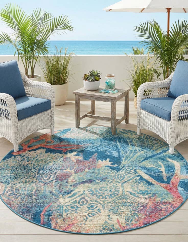 Detail image of 5' 3 x 5' 3 Washable Coastal Indoor / Outdoor Round Rug