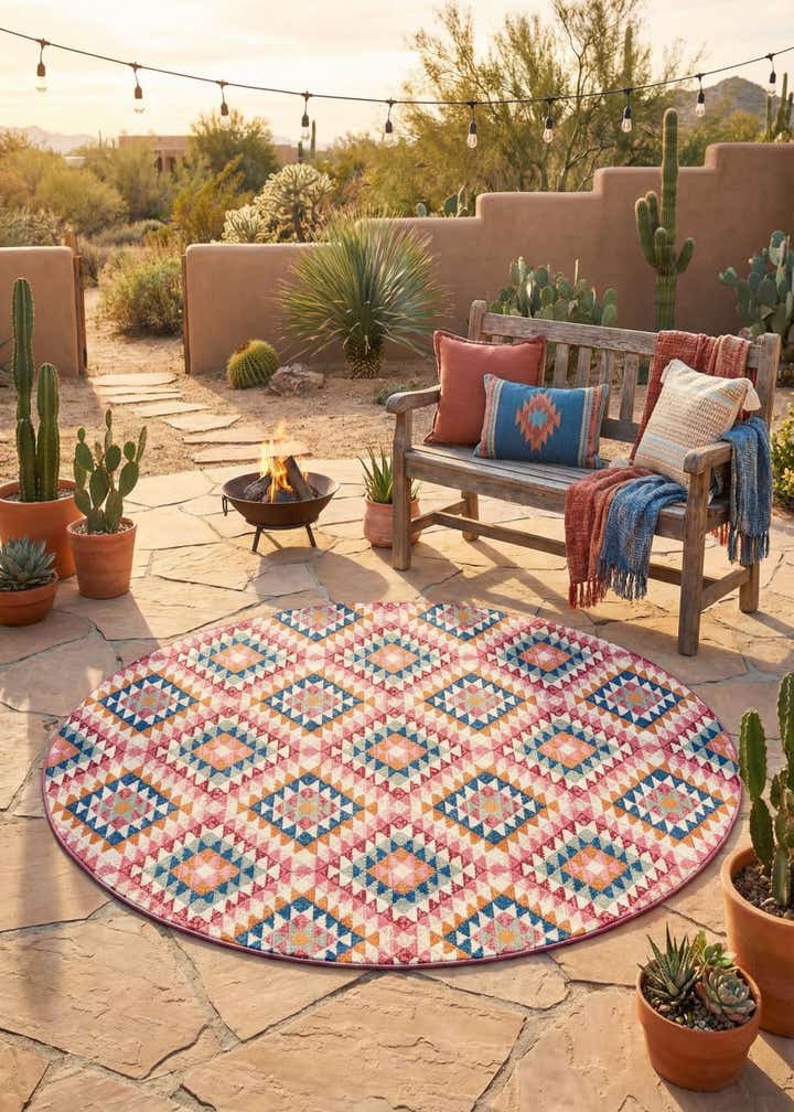 7' 10 x 7' 10 Easy-Clean Southwestern Indoor / Outdoor Round Rug