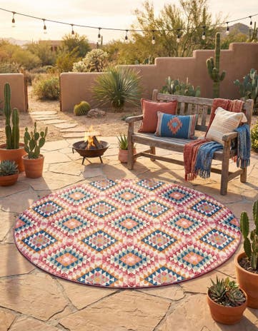 7' 10 x 7' 10 Easy-Clean Southwestern Indoor / Outdoor Round Rug