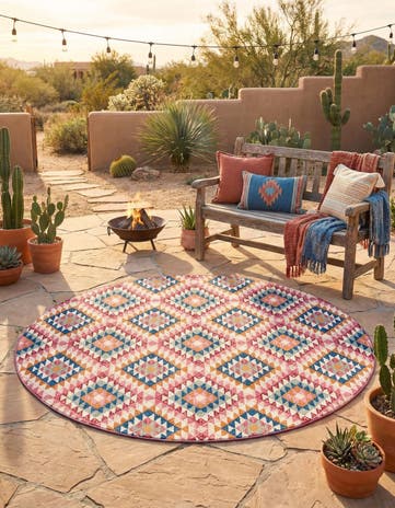7' 10 x 7' 10 Easy-Clean Southwestern Indoor / Outdoor Round Rug