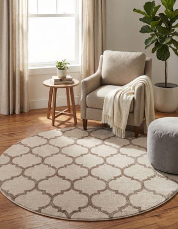 Beige and Light Brown Lattice Round Rug