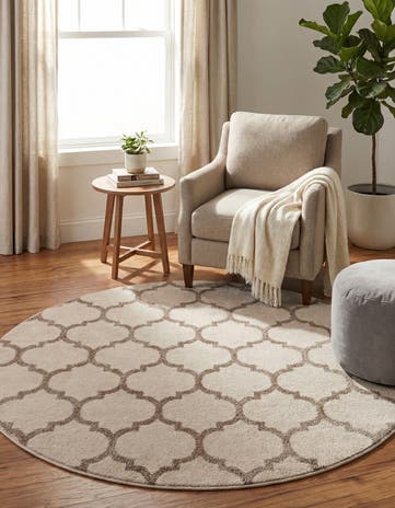 Beige and Light Brown Lattice Round Rug