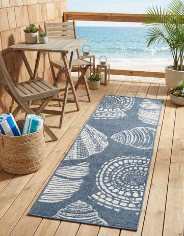 Navy Blue Easy-Clean Coastal Indoor / Outdoor Runner Rug