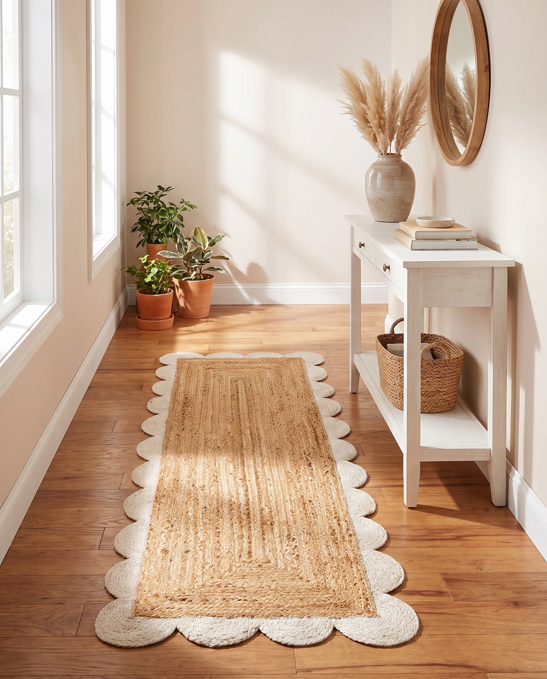 Natural and Ivory Handmade Scallop Braided Jute Runner Rug