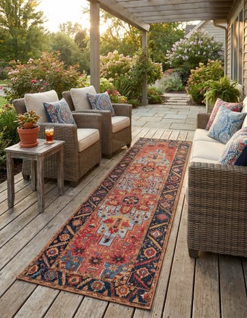 Rust Red and Blue Easy-Clean Traditional Indoor / Outdoor Runner Rug