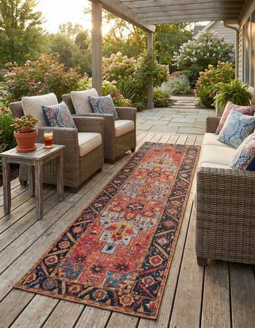 Rust Red and Blue Easy-Clean Traditional Indoor / Outdoor Runner Rug