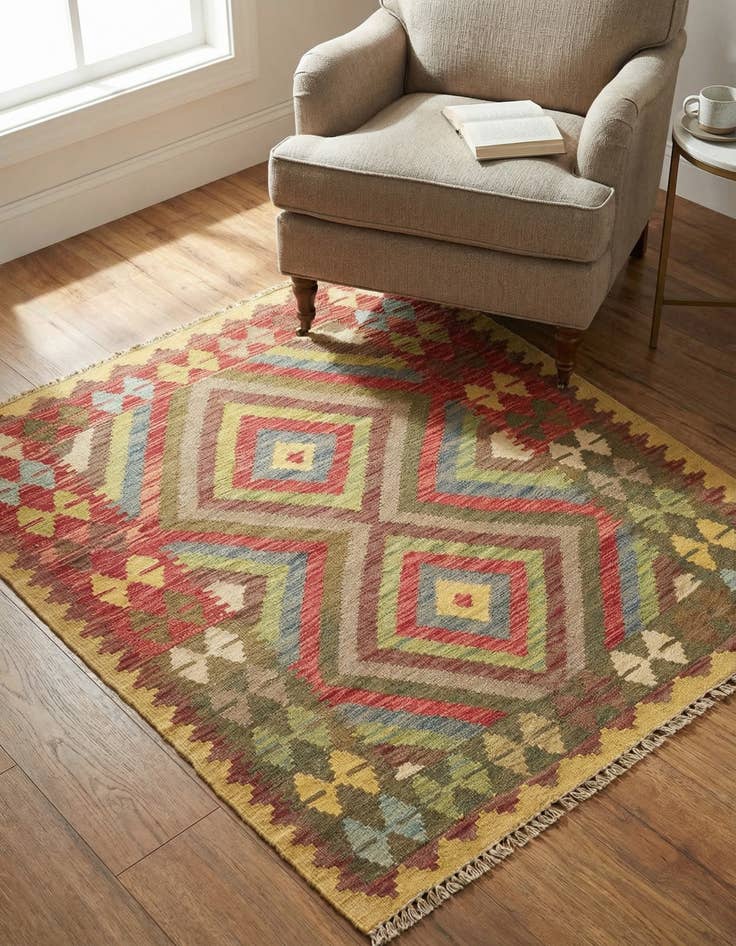 Detail image of 3' 3 x 3' 10 Hand Woven Kilim Maymana Wool Square Rug