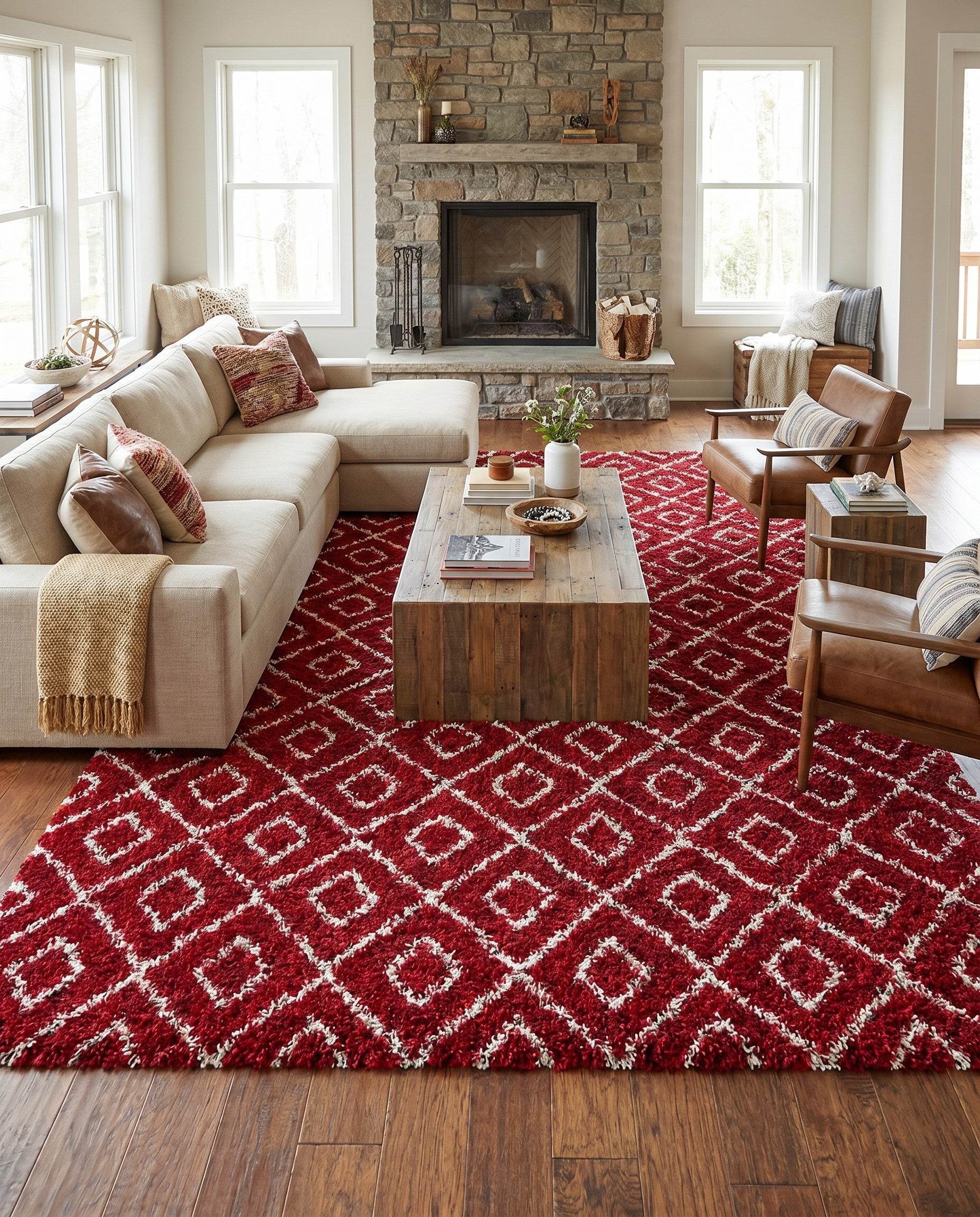 Burgundy Red Trellis Shag Rug