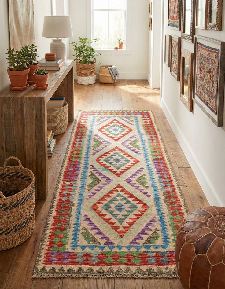 Detail image of 3' 2 x 6' 6 Hand Woven Kilim Maymana Wool Runner Rug