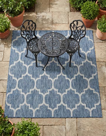 Navy Blue Easy-Clean Lattice Indoor / Outdoor Square Rug
