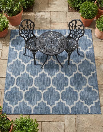 Navy Blue Easy-Clean Lattice Indoor / Outdoor Square Rug