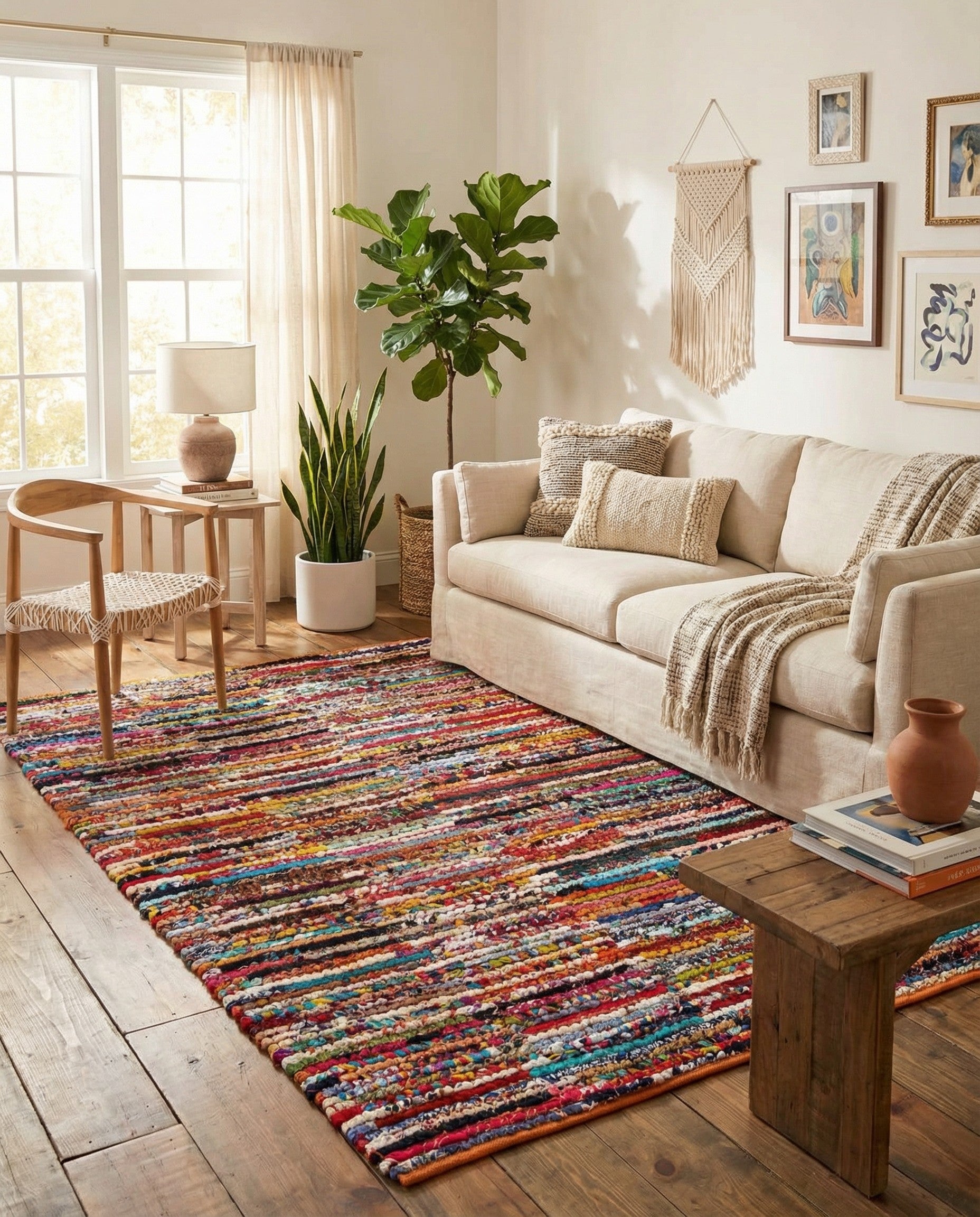 A vibrant 5x8 multi-colored rectangular braided chindi rug, handmade from recycled cotton, featuring horizontal stripes of various bright hues, perfect for a living room.