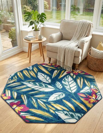 Navy Blue Bloom Octagon Rug