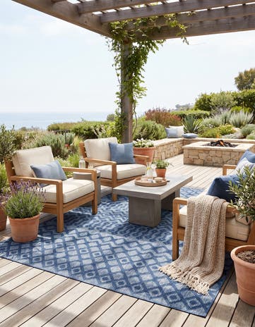 Navy Blue Easy-Clean Trellis Textured Indoor / Outdoor Rug