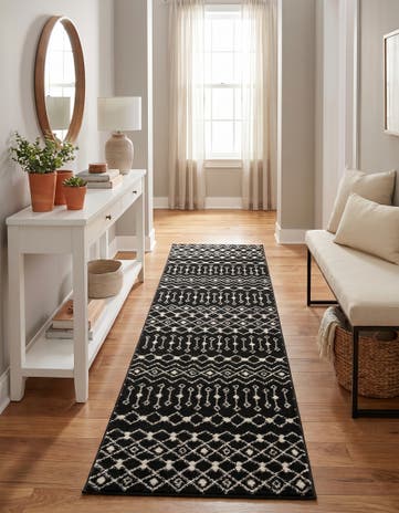 Black and White Moroccan Trellis Runner Rug