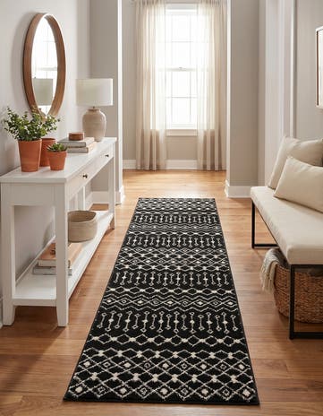 Black and White Moroccan Trellis Runner Rug