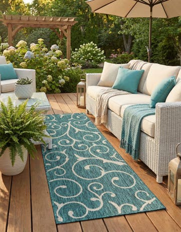 Teal Easy-Clean Botanical Indoor / Outdoor Runner Rug
