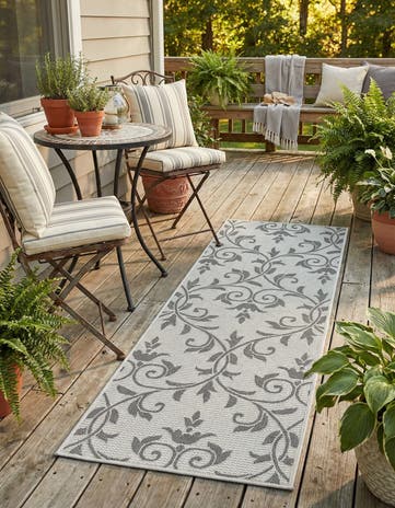 Gray Easy-Clean Botanical Indoor / Outdoor Runner Rug