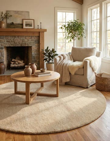 Beige Hand Knotted Solid Gabbeh Wool Round Rug