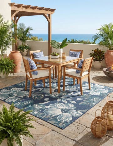 Blue Easy-Clean Coastal Indoor / Outdoor Square Rug
