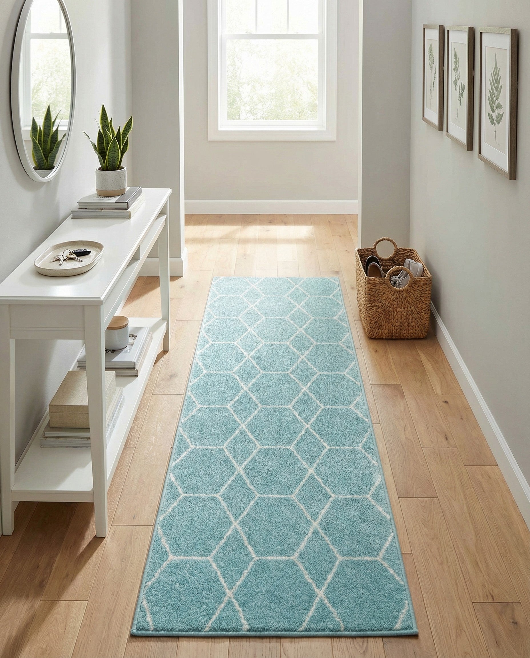 A 6 ft runner rug in light blue with a repeating white geometric trellis pattern, suitable for a hallway or kitchen.