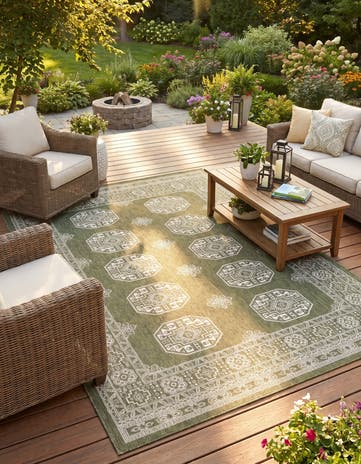 Green Easy-Clean Traditional Indoor / Outdoor Rug