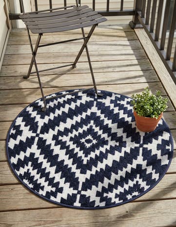 Navy Blue Easy-Clean Sabrina Soto Indoor / Outdoor Round Rug