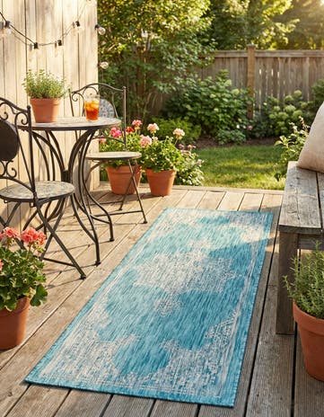 Light Aqua Easy-Clean Traditional Indoor / Outdoor Runner Rug