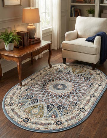 Blue Nain Design Oval Rug