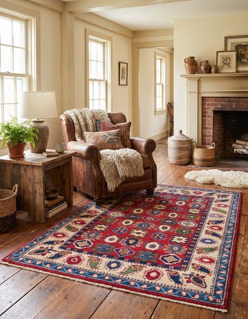 3' 4 x 4' 10 Hand Knotted Kazak Rug