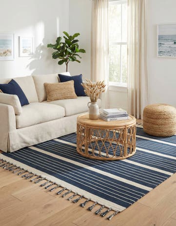 Navy and White Hand Woven Chindi Cotton Square Rug