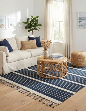 Navy and White Hand Woven Chindi Cotton Square Rug