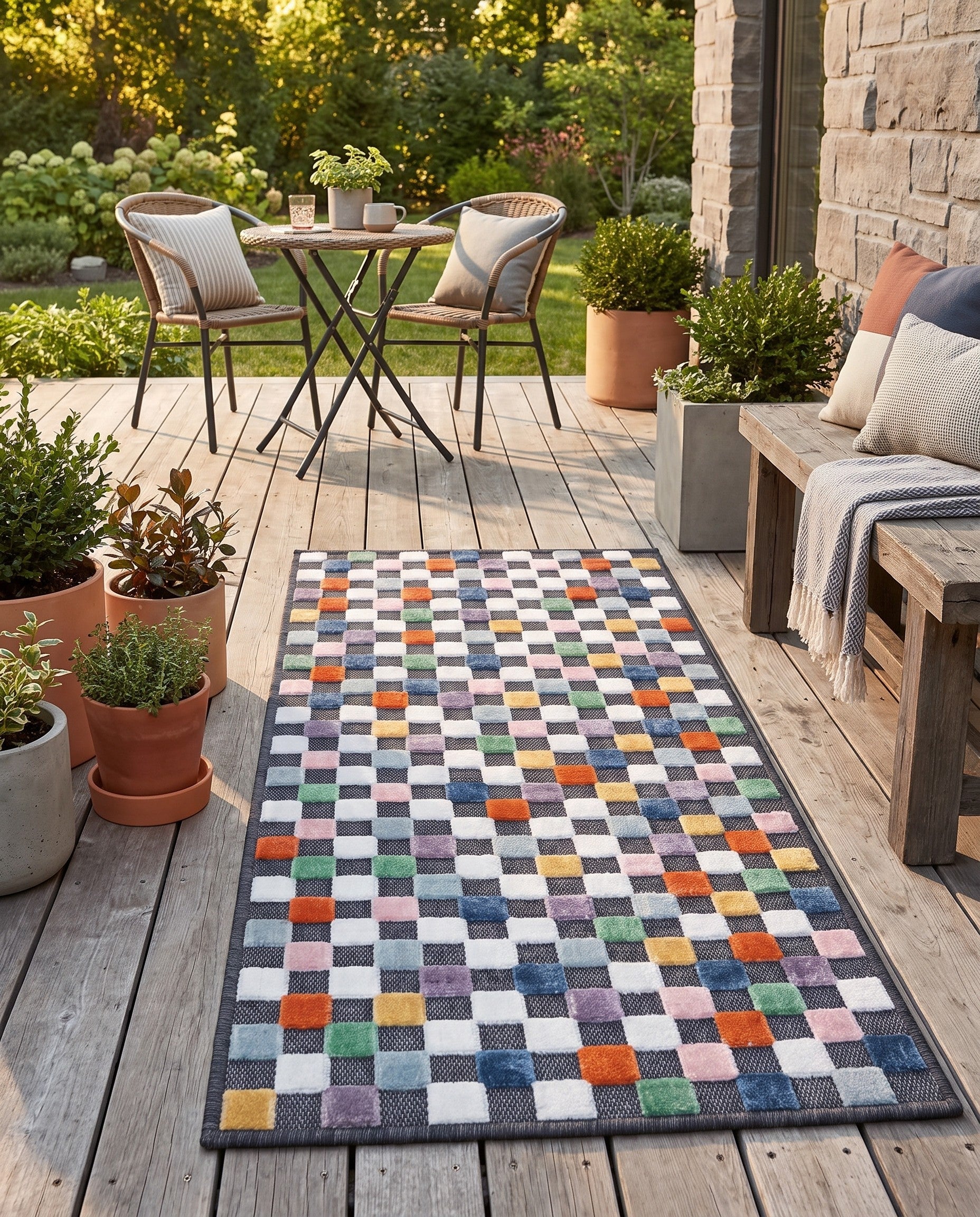 Easy-Clean Checkered Indoor / Outdoor Runner Rug