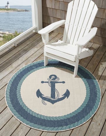 Navy Blue Easy-Clean Coastal Indoor / Outdoor Round Rug