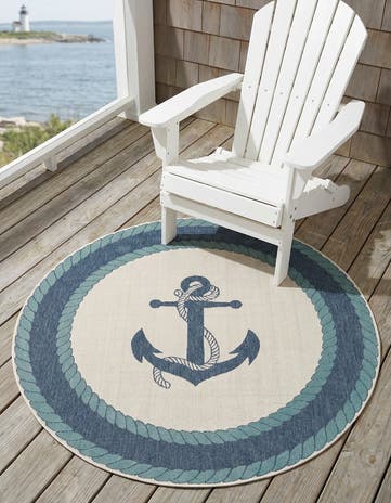 Navy Blue Easy-Clean Coastal Indoor / Outdoor Round Rug