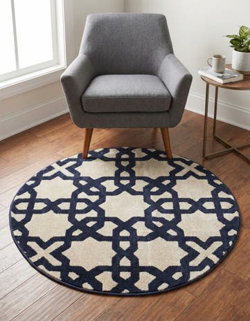 Beige and Navy Blue Lattice Round Rug
