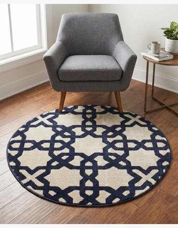 Beige and Navy Blue Lattice Round Rug