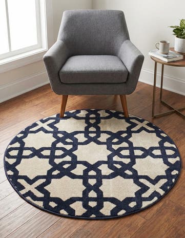 Beige and Navy Blue Lattice Round Rug