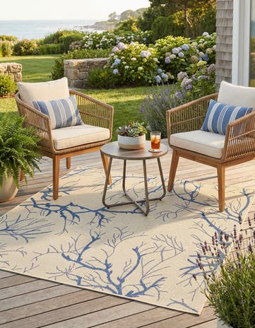 Beige and Blue Easy-Clean Botanical Indoor / Outdoor Square Rug