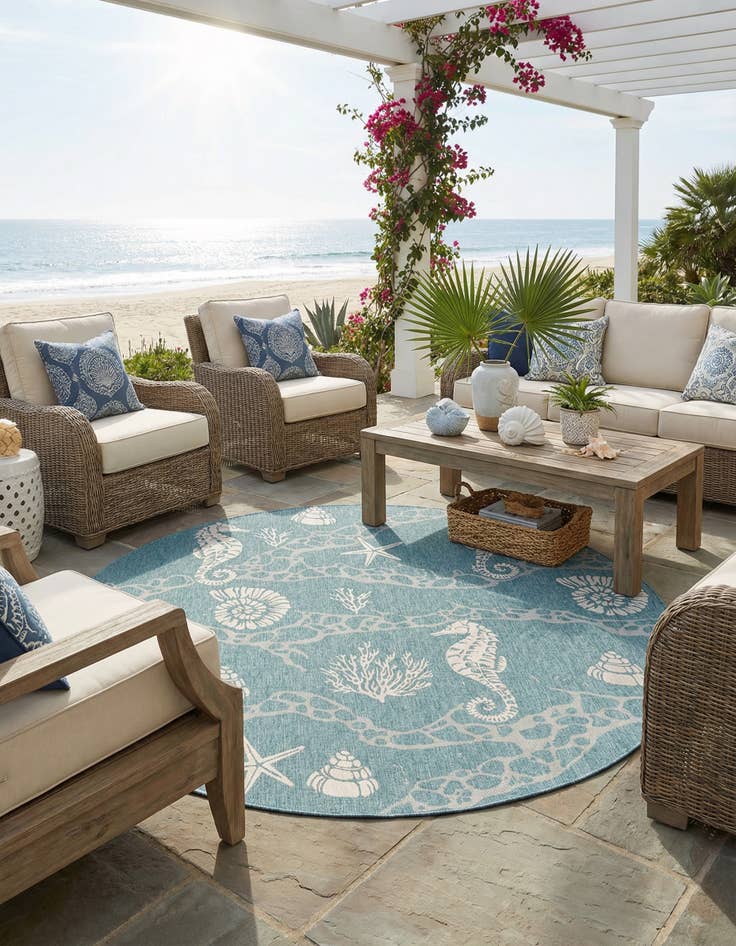 Detail image of 10' x 10'  Washable Coastal Indoor / Outdoor Round Rug
