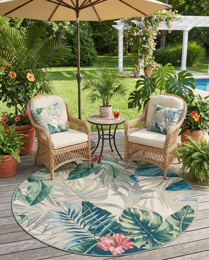 Detail image of 6' x 6' Easy-Clean Botanical Indoor / Outdoor Round Rug