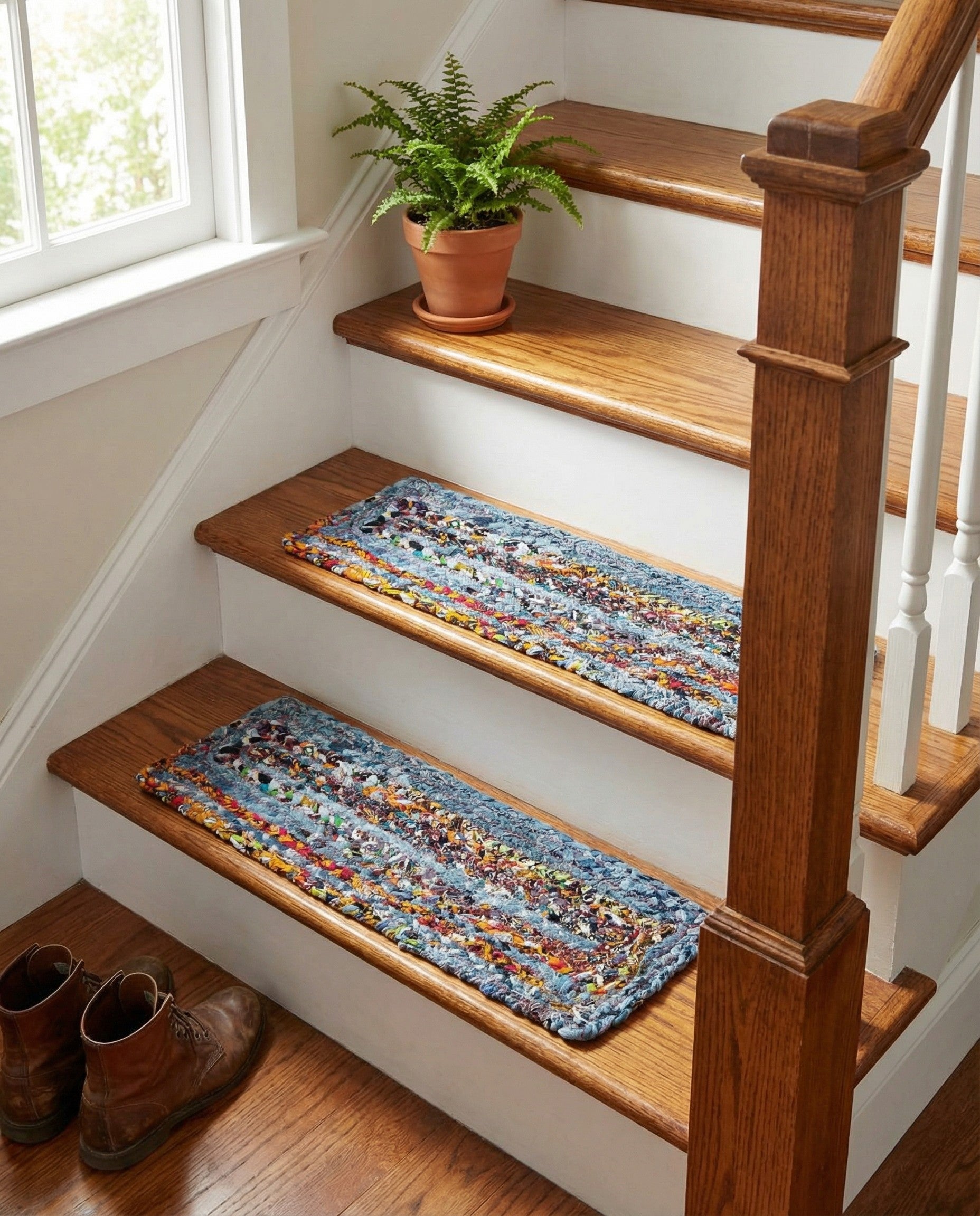 0' 9 x 2' 6  Hand Woven Braided Chindi Stair Rug