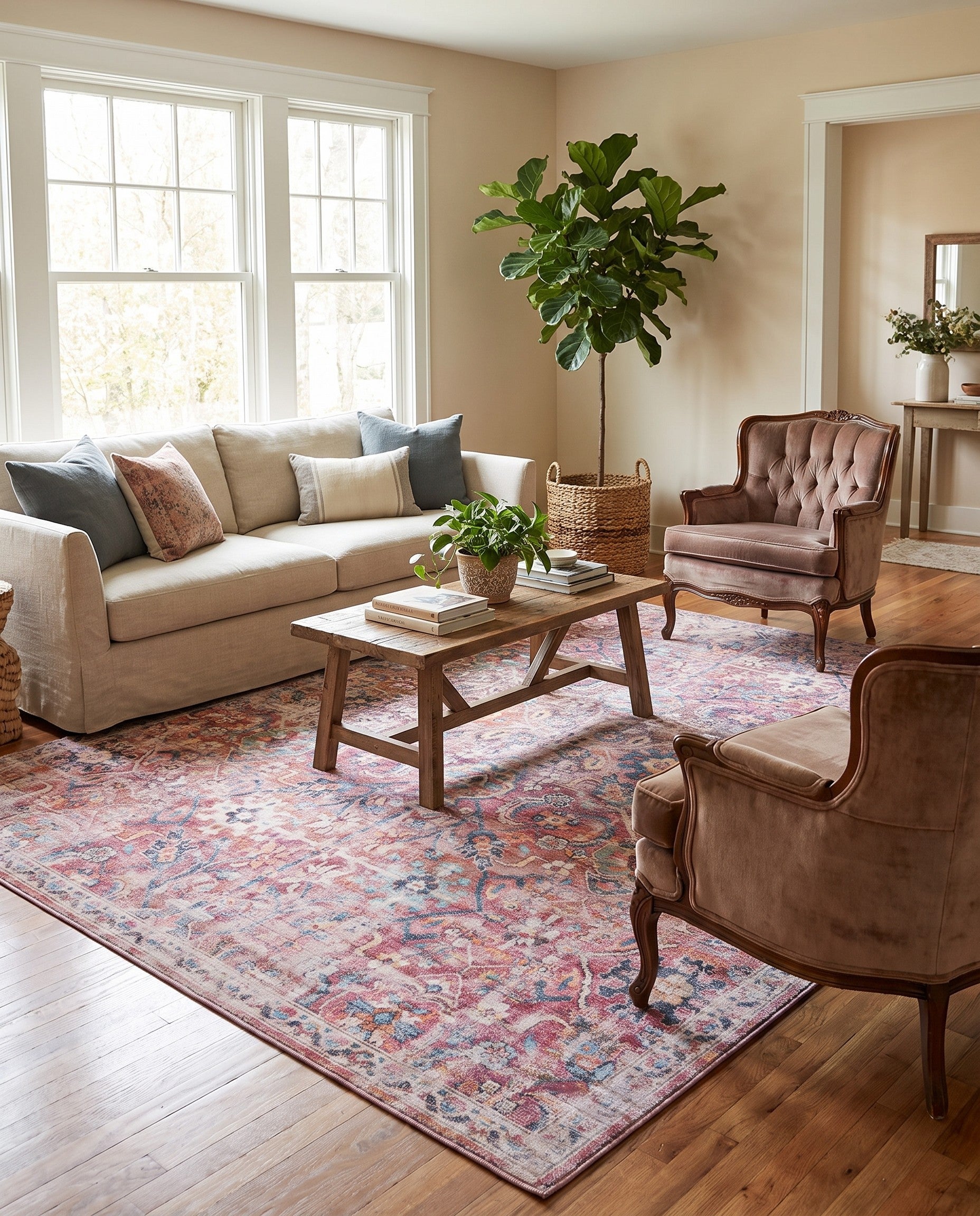 Ivory and Pink Washable Nostalgia Rug