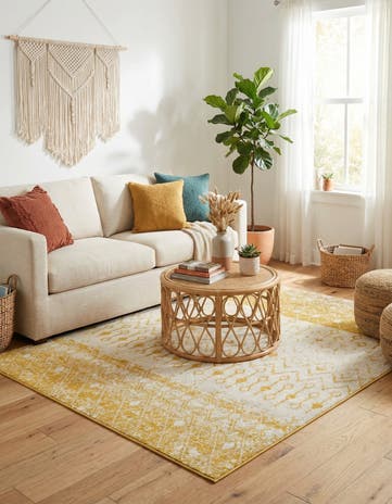 Ivory and Yellow Moroccan Trellis Square Rug
