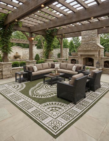 Green Easy-Clean Traditional Indoor / Outdoor Square Rug