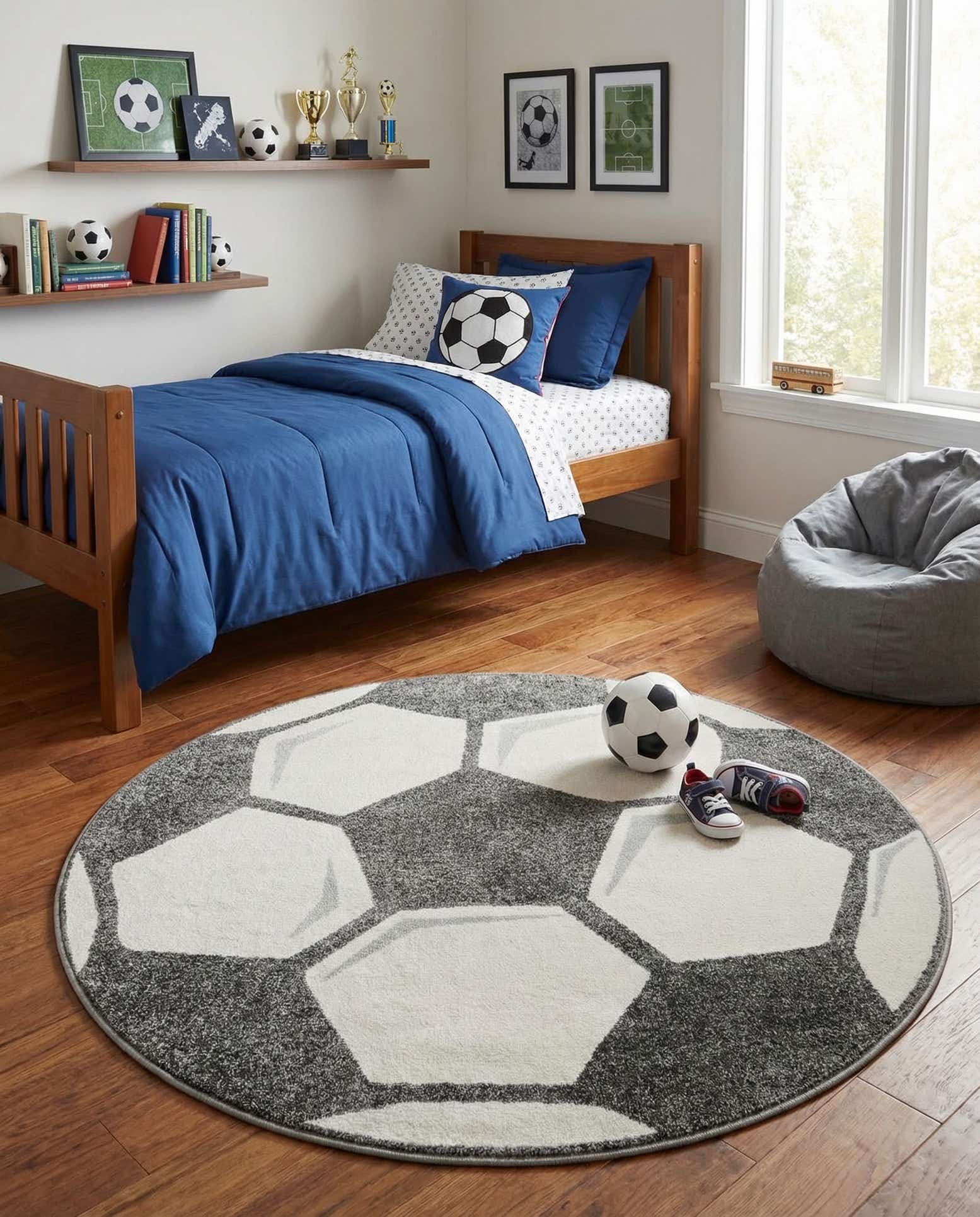 5' 3 x 5' 3 Soccer Ball Whimsy Kids Round Rug