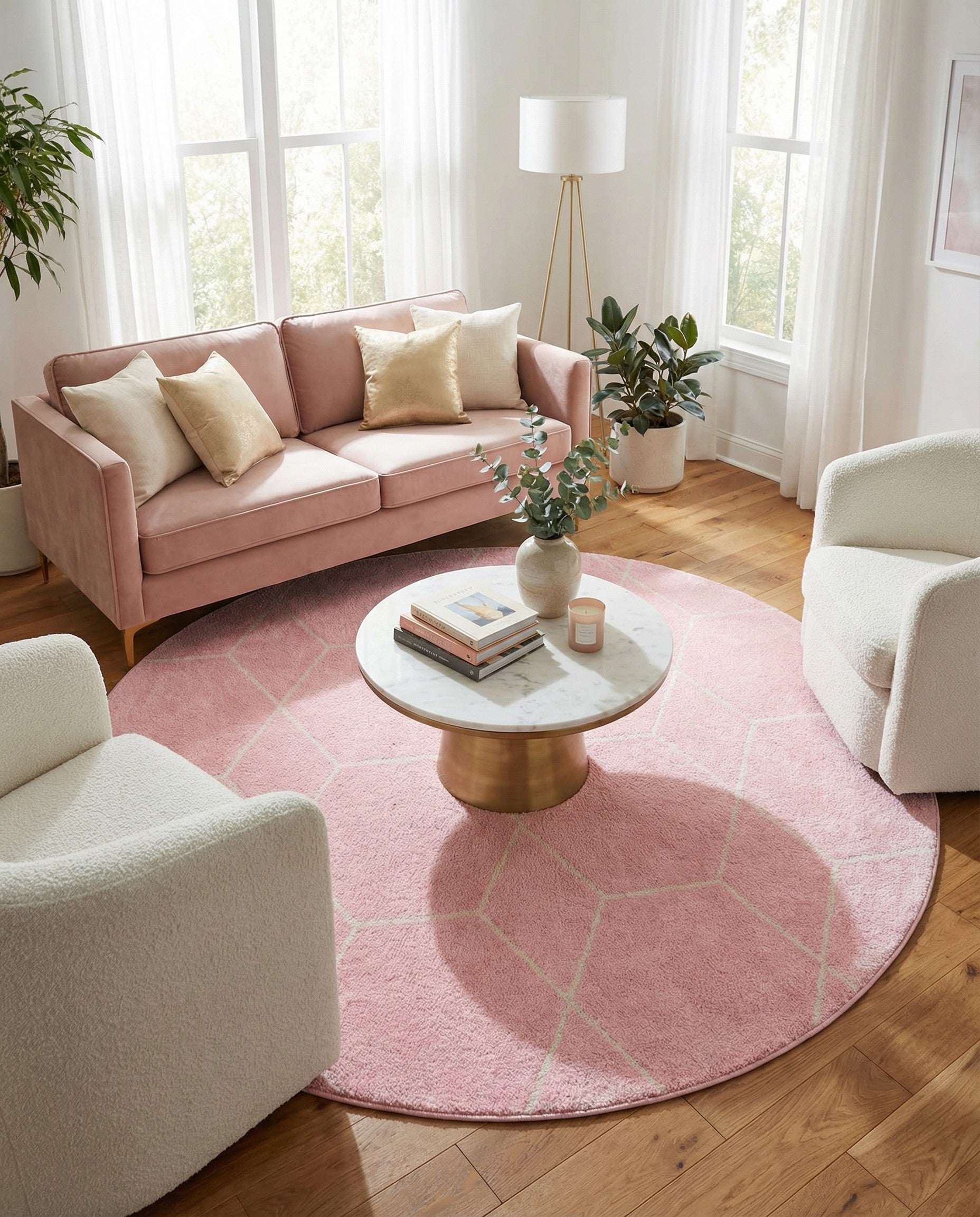 A 7' 10" round pink area rug with a modern white trellis pattern, suitable for indoor spaces.